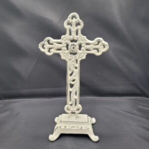 Cast Iron White Cross With Iron Footed Base Ornate Scroll Pattern